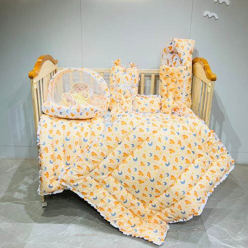 Fareto Premium Quality New Born Baby Full Bedding Set Combo (Cloud Moon Orange)  (0-6 Months)