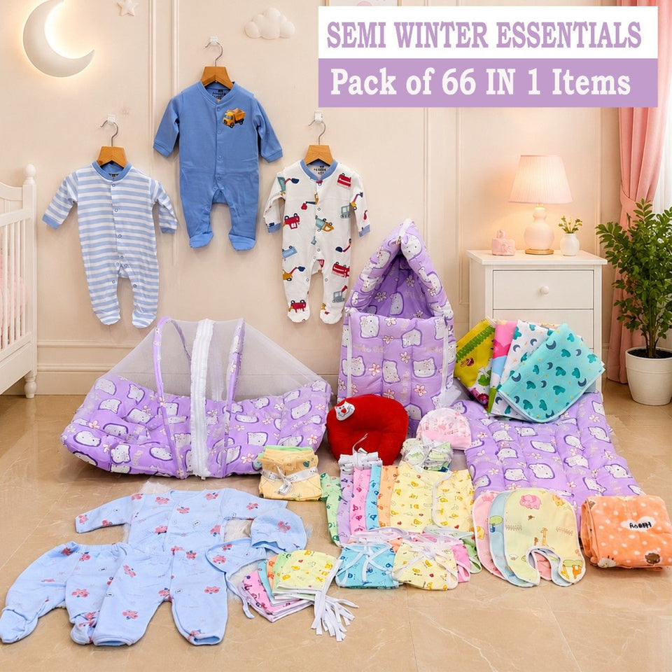 Fareto Baby Semi Winter Essential Combo For New Born | Gift Pack | Baby Products | Maternity Essentials  (66 Items)(0-6 Months)(PURPLE KITTY)(F437)