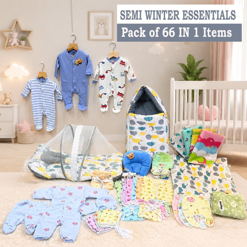 Fareto Baby Semi Winter Essential Combo For New Born | Gift Pack | Baby Products | Maternity Essentials  (66 Items)(0-6 Months)(GREY SPRIAL)(F441)