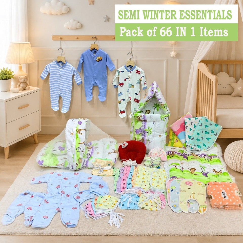 Fareto Baby Semi Winter Essential Combo For New Born | Gift Pack | Baby Products | Maternity Essentials  (66 Items)(0-6 Months)( GRASS GREEN GIFFI)(F388)