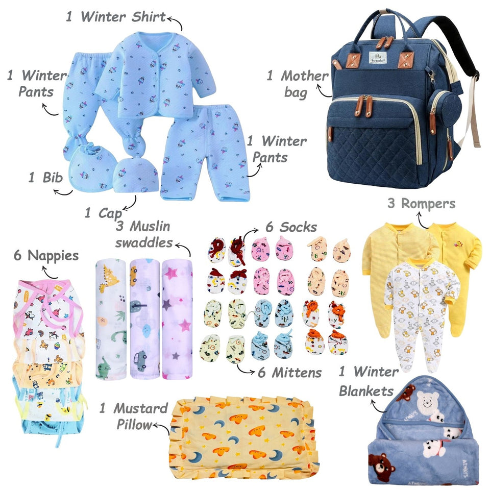 Fareto Premium Newborn Baby Semi-Winter Season Hospital Essentials Combo | 86-in-1 Baby Gift Pack | Maternity Essentials & Bedding Set | 0–6 Months (F370)