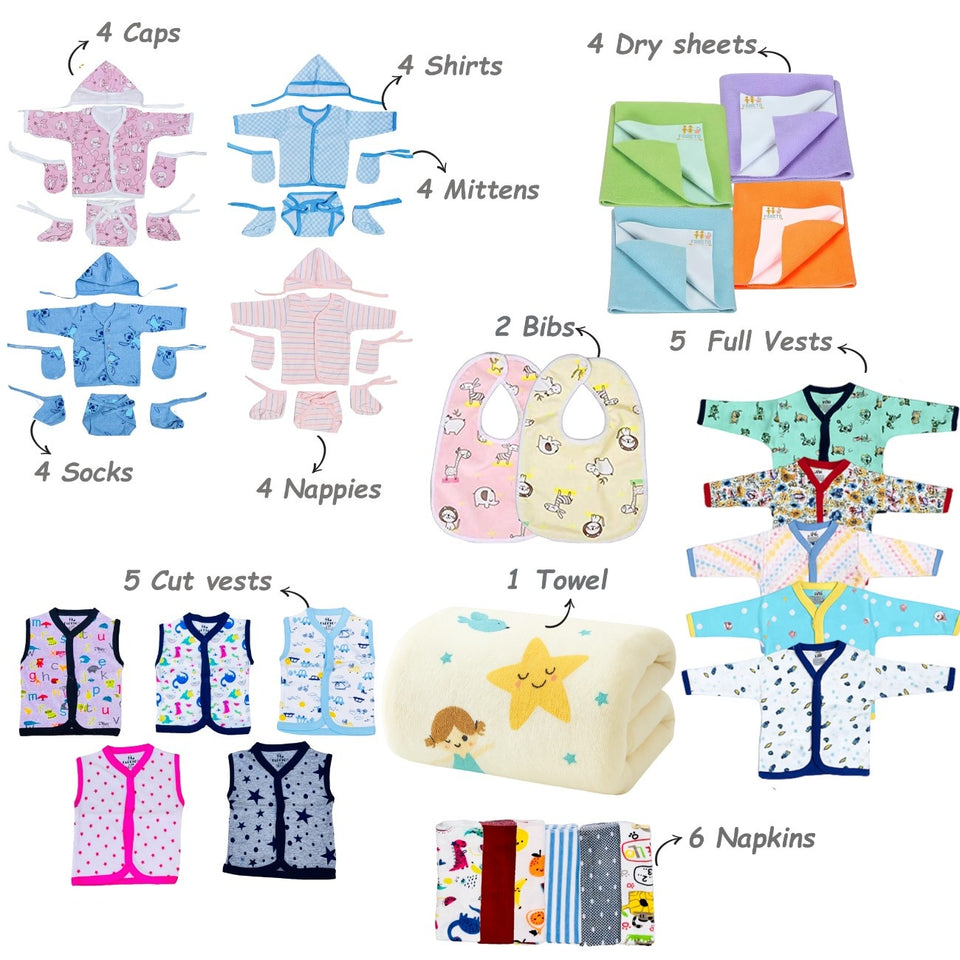 Fareto Premium Newborn Baby Semi-Winter Season Hospital Essentials Combo | 86-in-1 Baby Gift Pack | Maternity Essentials & Bedding Set | 0–6 Months (F370)
