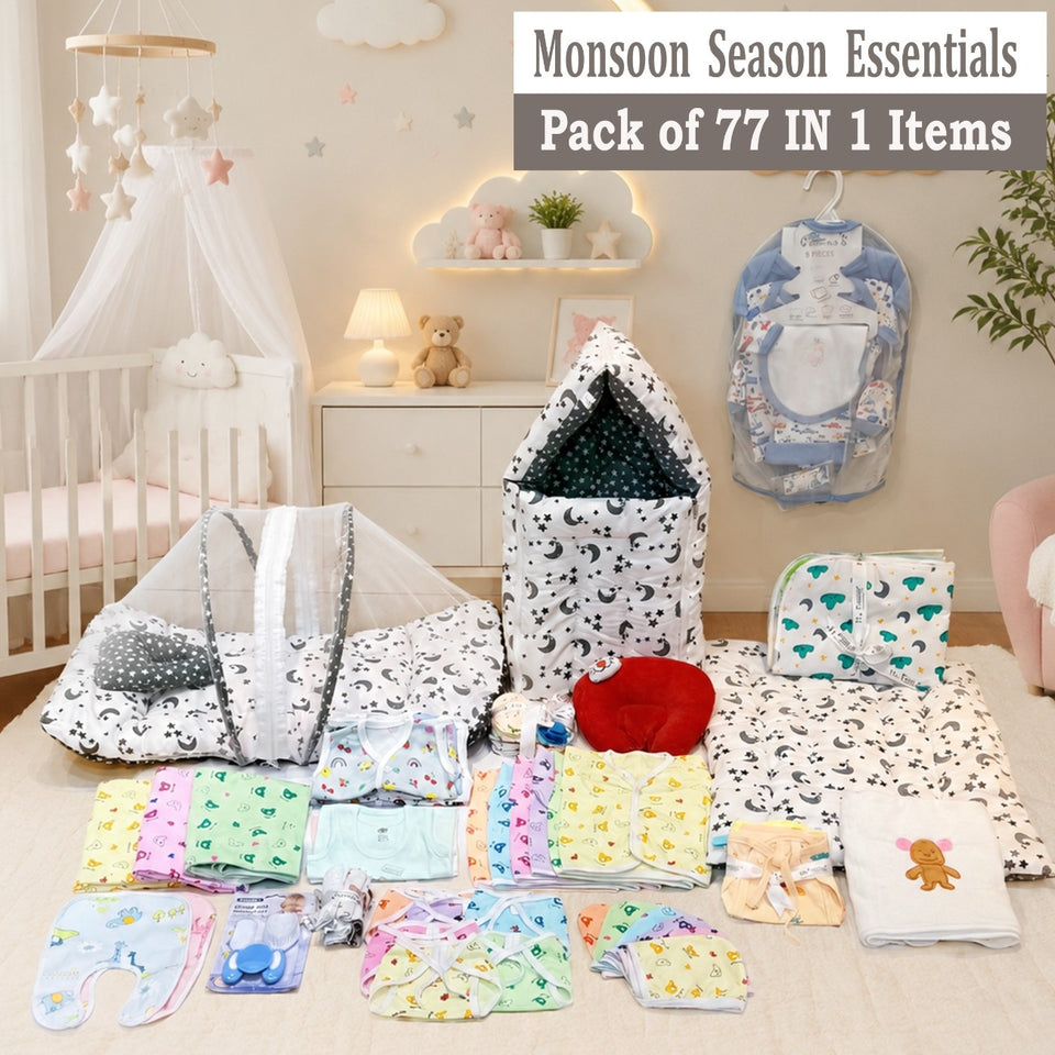 Fareto 77 in 1 New Born Baby Monsoon Season Hospital Essentials Combo, Baby Bedding & Clothing Gift Set for Newborn Boys & Girls (0-6 Months)(F781)