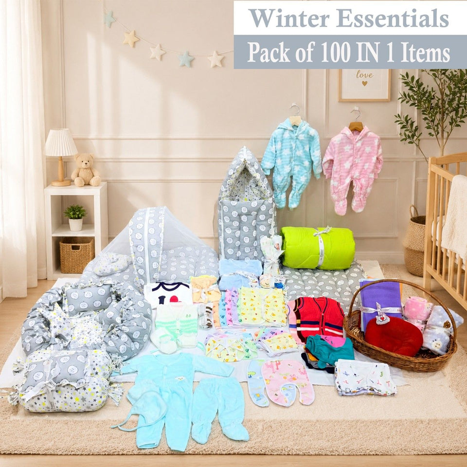 Fareto Premium Newborn Baby Hospital Winter Essentials Combo | 100 in 1  Baby Gift Pack | Maternity Essentials & Bedding Set | 0–6 Months(0-6 Months)(F638)(0-6 months)(F170)