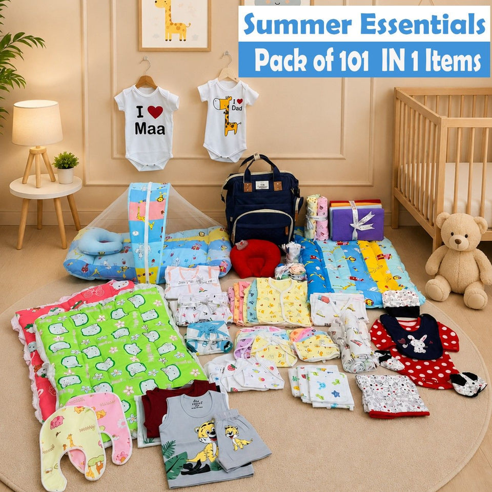 Fareto Premium Newborn Baby Summer Essentials Combo | 101-in-1 Baby Gift Pack | Maternity Essentials & Bedding Set | 0–6 Months(F192)