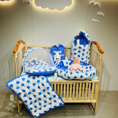 Fareto Complete Blend Cotton Bedding Set essentials Combo For Baby (0-6 Months)(Blue elephant)