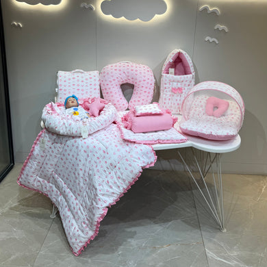 FARETO BABY BEDDING ESSENTIALS 1 NEST | 1 MATTRESS WITH NET | 1 CARRY BED | 1 BOLSTER SET | 1 CARRY BAG | 1 PORTABLE BED | 1 FEEDING PILLOW | 1 BLANKET (0-6M)(PINK TAJ)