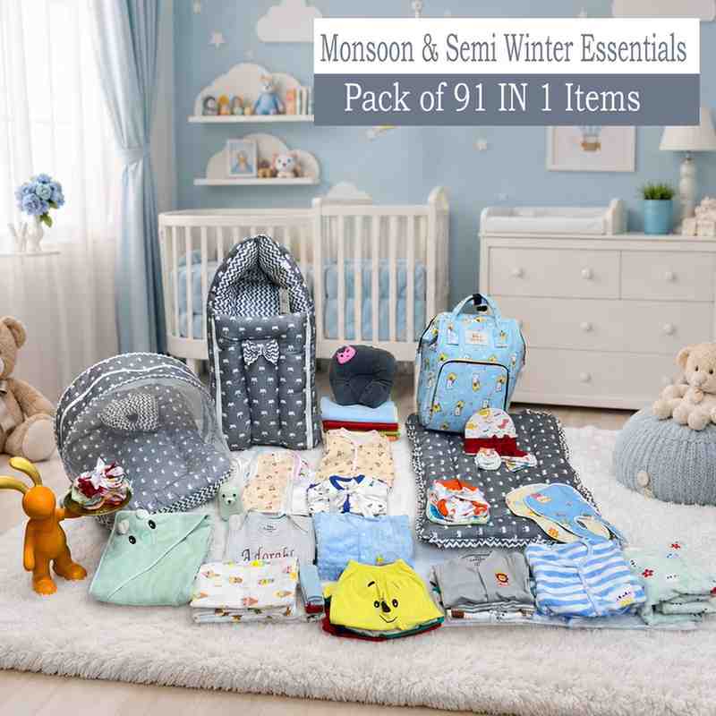 Fareto Premium Newborn Baby Boys' & Girls' Semi-Winter Hospital Essential Combo | 91-in-1 Gift Pack | Baby Products, Maternity Essentials & Bedding Set | 0–6 Months (F582)