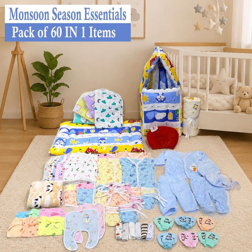 FARETO NEW BORN BABY MONSOON SEASON HOSPITAL ESSENTIALS PACK OF 60 ITEMS (0-6 MONTHS)(F200)