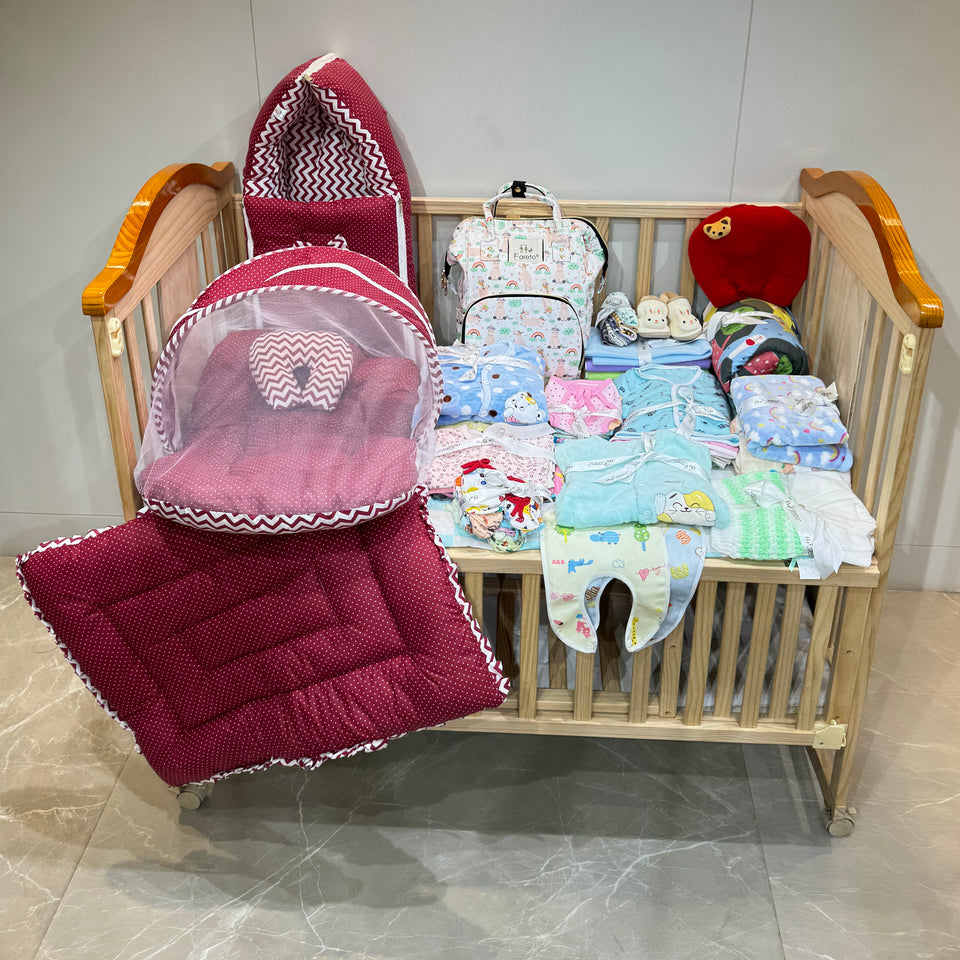 FARETO NEW BORN BABY PREMIUM QUALITY PURELY WINTER ESSENTIALS 79 IN 1 ( 0-6MONTHS)(Red Polka)