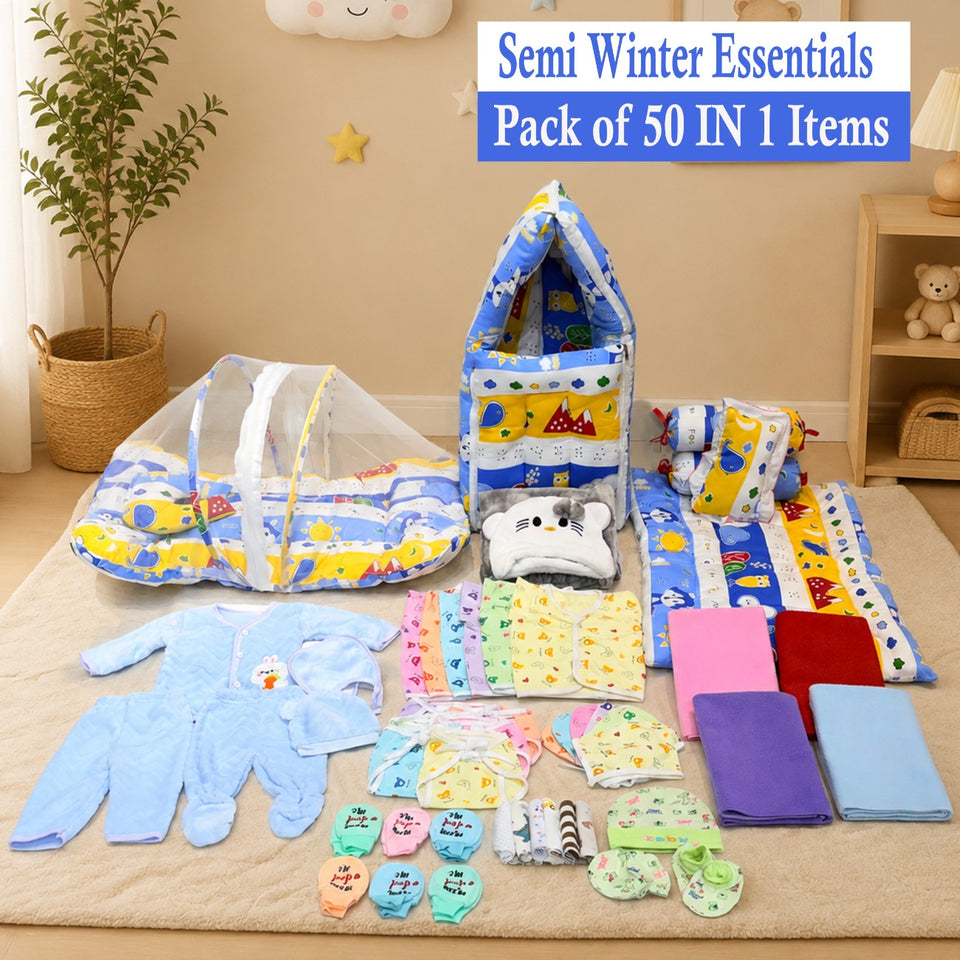 Fareto Baby Semi Winter Essential Combo For New Born | Gift Pack | Baby Products | Maternity Essentials | Bedding Set (50 Items)(0-6 Months)(F793)