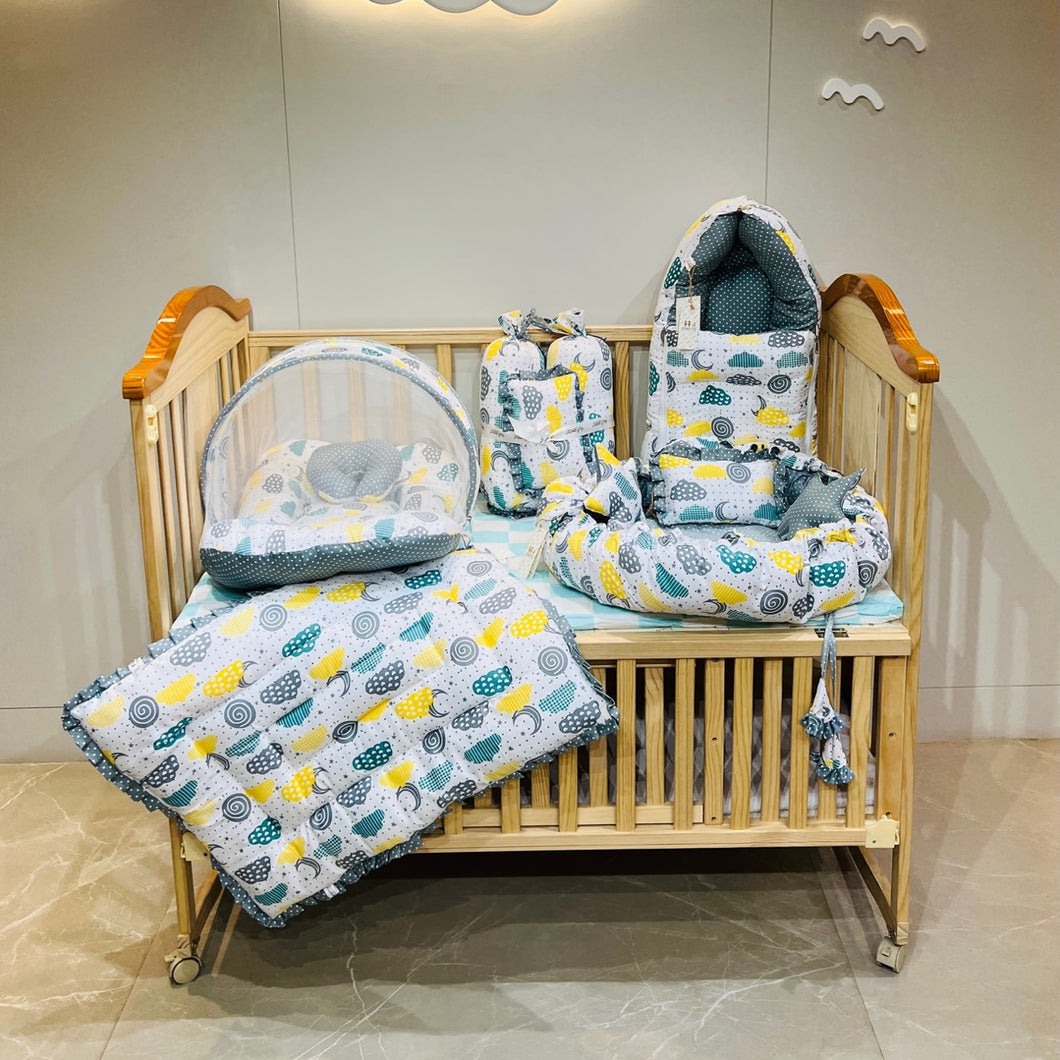 FARETO NEW BORN BABY FULL BEDDING SET COMBO (0-6 MONTHS)(GREY_SPRIAL)