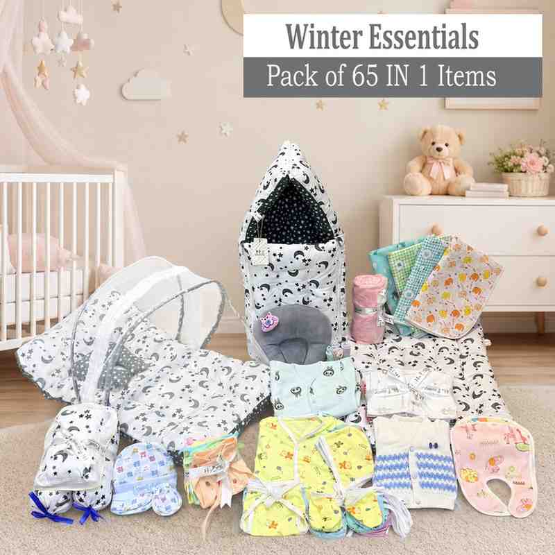 FARETO NEW BORN BABY WINTER ESSENTIALS 65 IN 1 NEW COMBO (0-6 MONTHS)(GREY MOON )(F434)