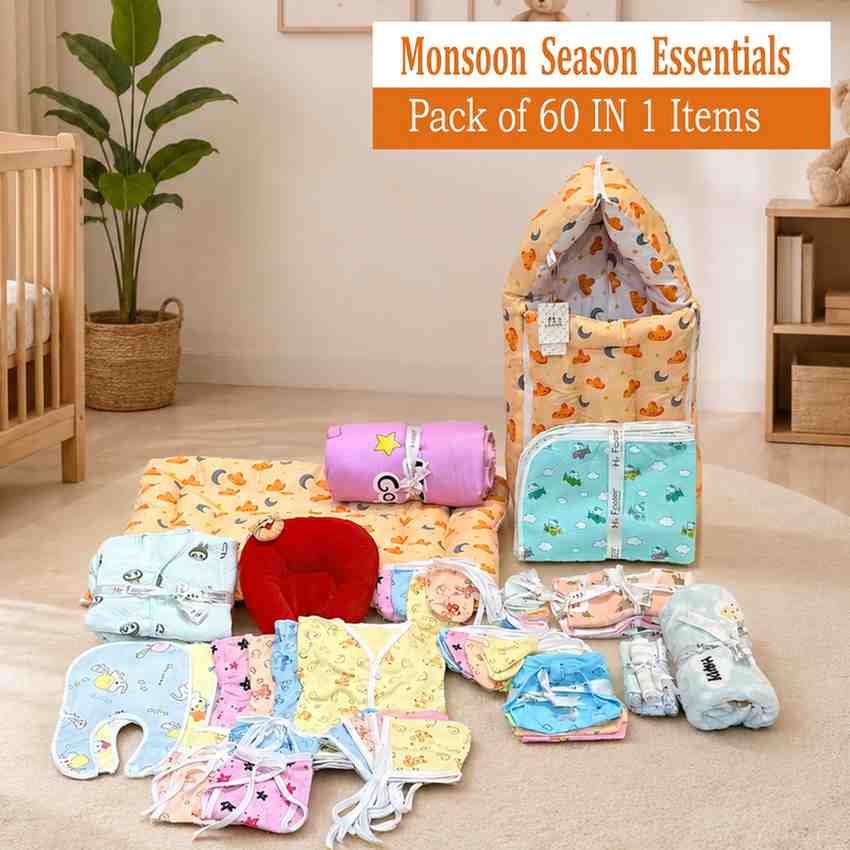 FARETO NEW BORN BABY MONSOON SEASON HOSPITAL ESSENTIALS PACK OF 60 ITEMS (0-6 MONTHS)(F12)