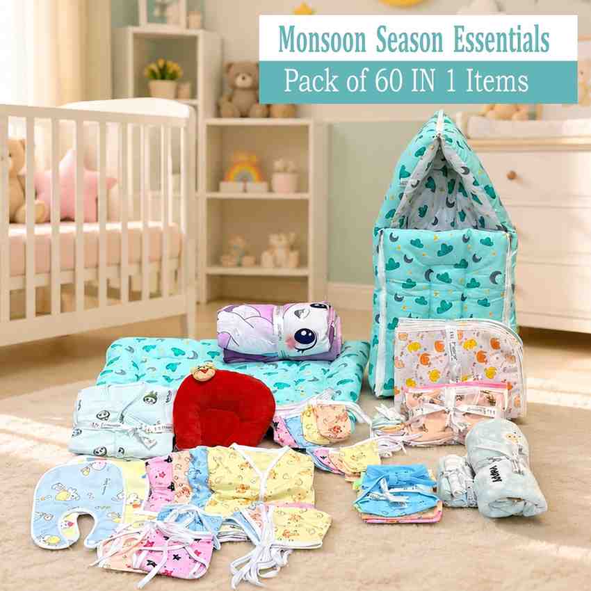 FARETO NEW BORN BABY MONSOON SEASON HOSPITAL ESSENTIALS PACK OF 60 ITEMS (0-6 MONTHS)(F193)