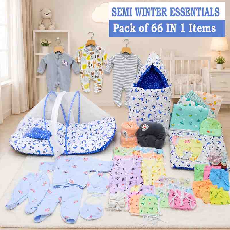 Fareto Baby Semi Winter Essential Combo For New Born | Gift Pack | Baby Products | Maternity Essentials  (66 Items)(0-6 Months)(BLUE MOON)(F400)