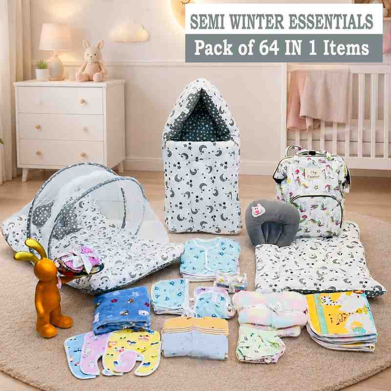 FARETO NEW BORN BABY WINTER ESSENTIALS 64 IN 1 NEW COMBO (0-6 MONTHS)(GREY MOON )(F455)