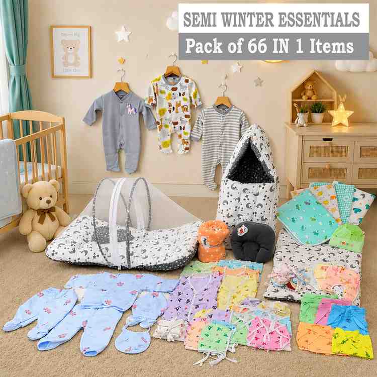 Fareto Baby Semi Winter Essential Combo For New Born | Gift Pack | Baby Products | Maternity Essentials  (66 Items)(0-6 Months)(GREY MOON )(F401)