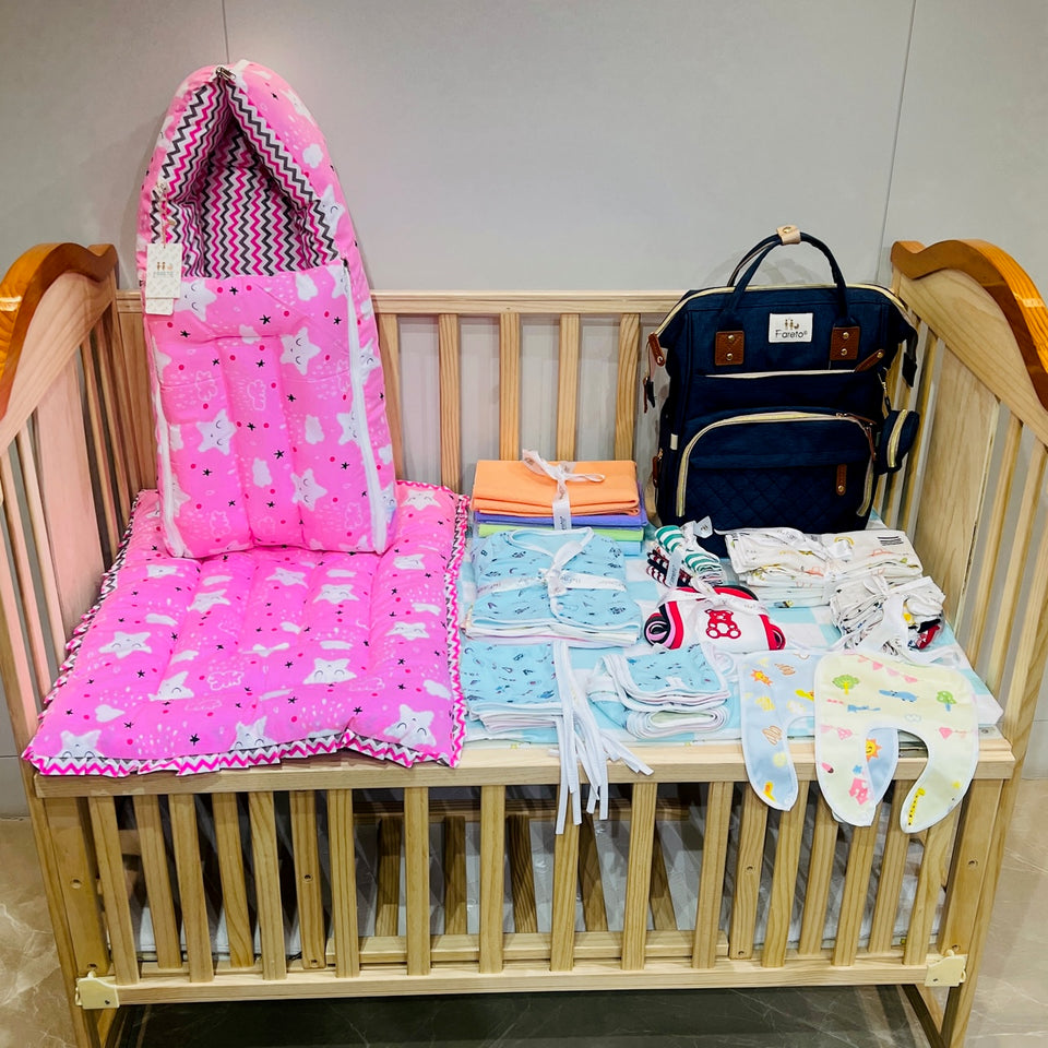 Fareto New Born Baby Premium Quality 54 In 1 Hospital Essentials Combo (0-6 Months)(Cloud pink)