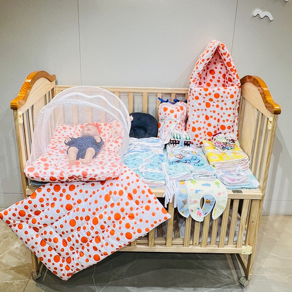 Fareto New Born Baby monsoon season Hospital Essentials (61 in 1)(0-6 Months)(orange polka)