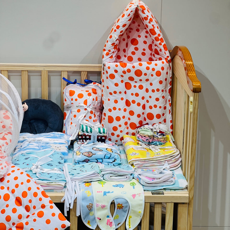 Fareto New Born Baby monsoon season Hospital Essentials (61 in 1)(0-6 Months)(orange polka)