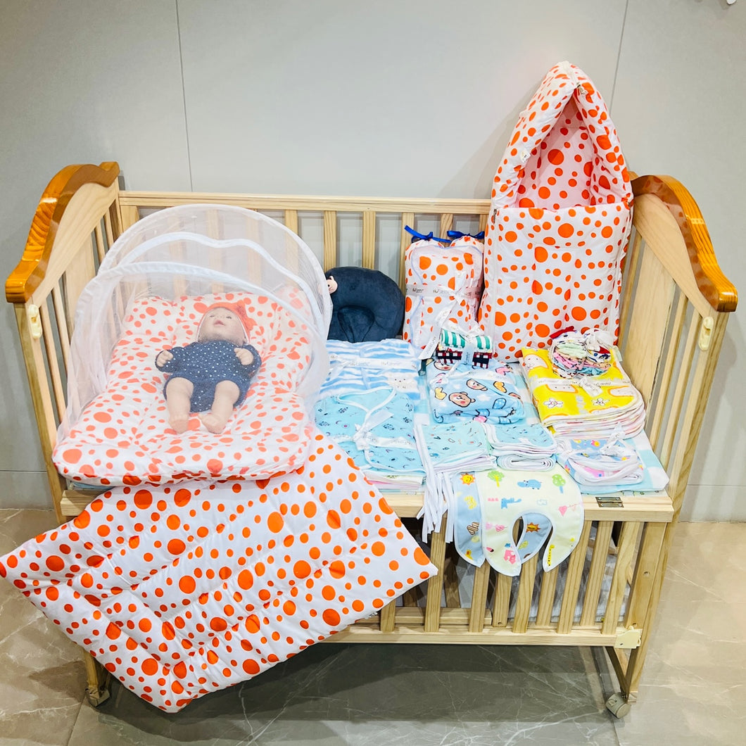 Fareto New Born Baby monsoon season Hospital Essentials (61 in 1)(0-6 Months)(orange polka)