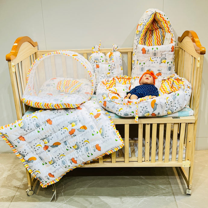 FARETO COMPLETE BEDDING SET ESSENTIALS COMBO FOR BABY (0-6 MONTHS)(GOOD NIGHT ORANGE)