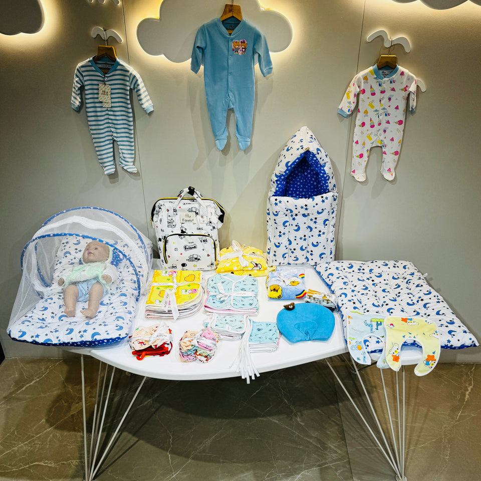 FARETO NEW BORN BABY WINTER ESSENTIALS 64 IN 1 NEW COMBO (0-6 MONTHS)(BLUE  MOON )