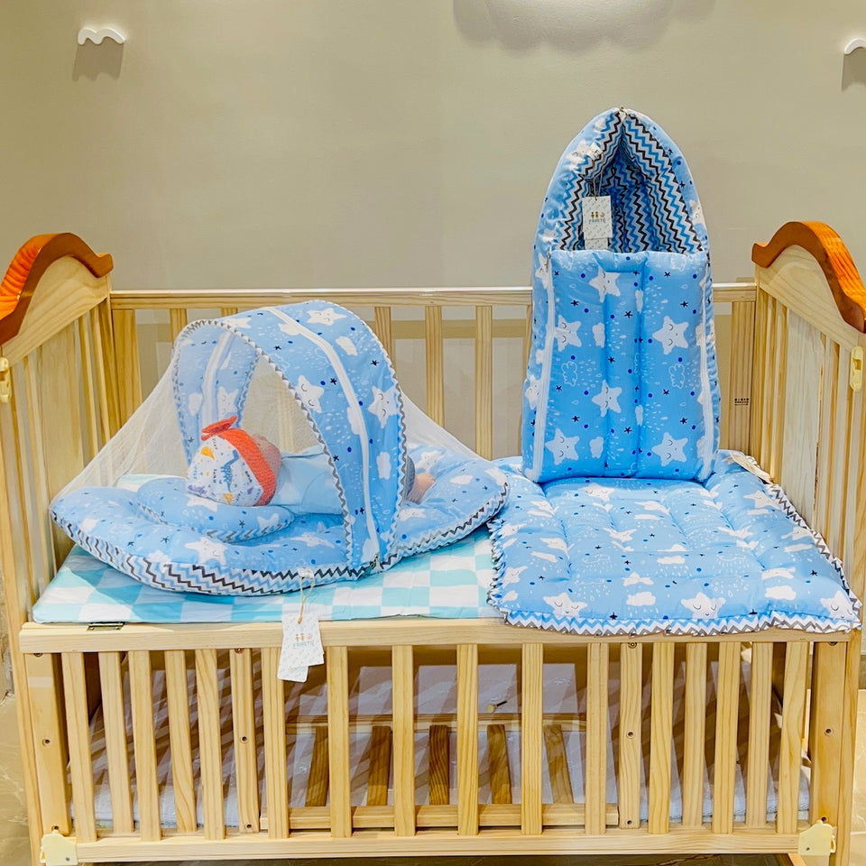 Fareto New Born Baby Premium Quality Mattress with Net | Sleeping Bag | Carry Bed  (0-4 Months)(cloud blue)