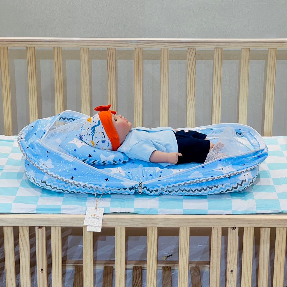 Fareto New Born Baby Premium Quality Mattress with Net | Sleeping Bag | Carry Bed  (0-4 Months)(cloud blue)