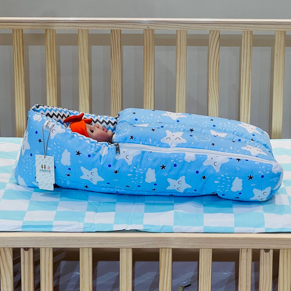 Fareto New Born Baby Premium Quality Mattress with Net | Sleeping Bag | Carry Bed  (0-4 Months)(cloud blue)