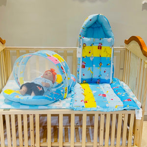Fareto New Born Baby Premium Quality Mattress with Net | Sleeping Bag | Carry Bed (0-4 Months)(Blue Ziraf)