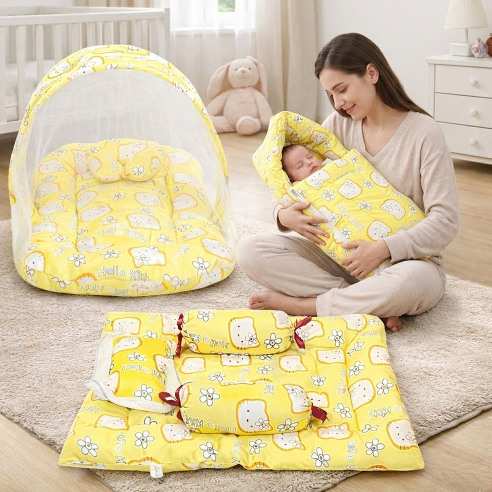 Fareto Combo of Baby Mattress with Net | Sleeping Bag | 4 Pcs Bedding Set(0-6 Months)(F159)