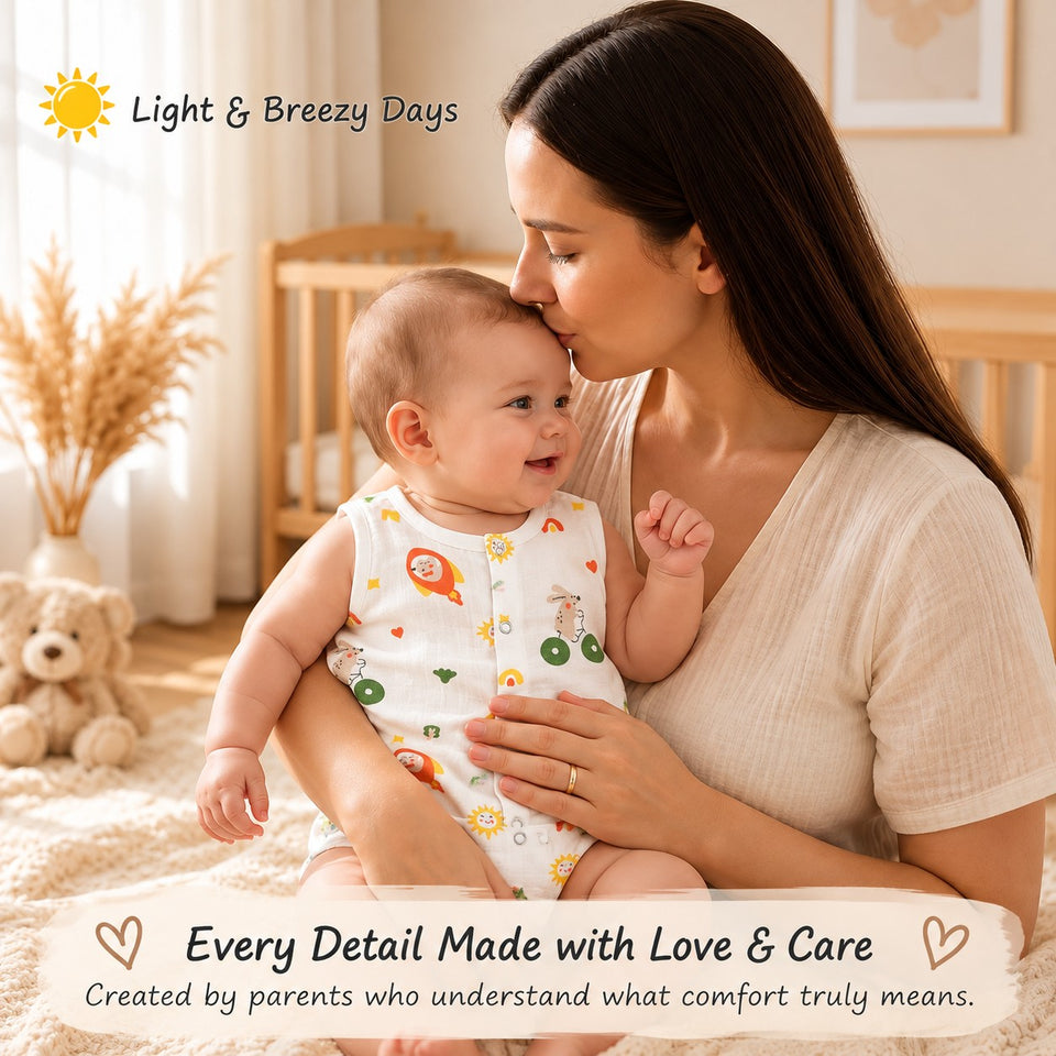 Fareto Newborn Baby Romper | 100% Muslin Cotton | Sleeveless Front Snap Button Bodysuit | Pack Of 1 | 0–3 Months(F827)