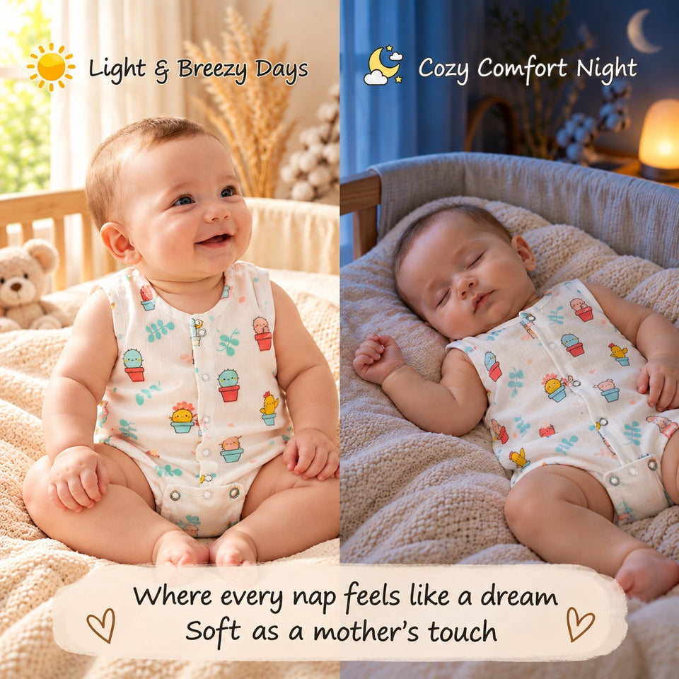 Fareto Newborn Baby Romper | 100% Muslin Cotton | Sleeveless Front Snap Button Bodysuit | Pack Of 1 | 0–3 Months(F827)