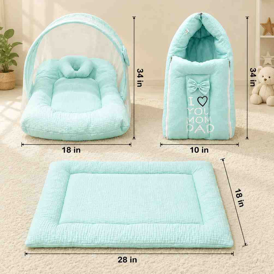 Fareto Newborn Baby 100% Muslin Cotton Sleeping Bag & Mosquito Net & Hand Carry Bed  | Safe, Soft & Portable Baby Bed | Baby Bedding Set(0-1 Year)(F768)