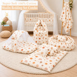 Fareto Newborn Baby 100% Muslin Cotton Bedding Set Combo | Sleeping Bag | Mattress with Net | Nest | Blanket | Hand Carry Bed & Bolster Set | (0-6 Months)(F812)