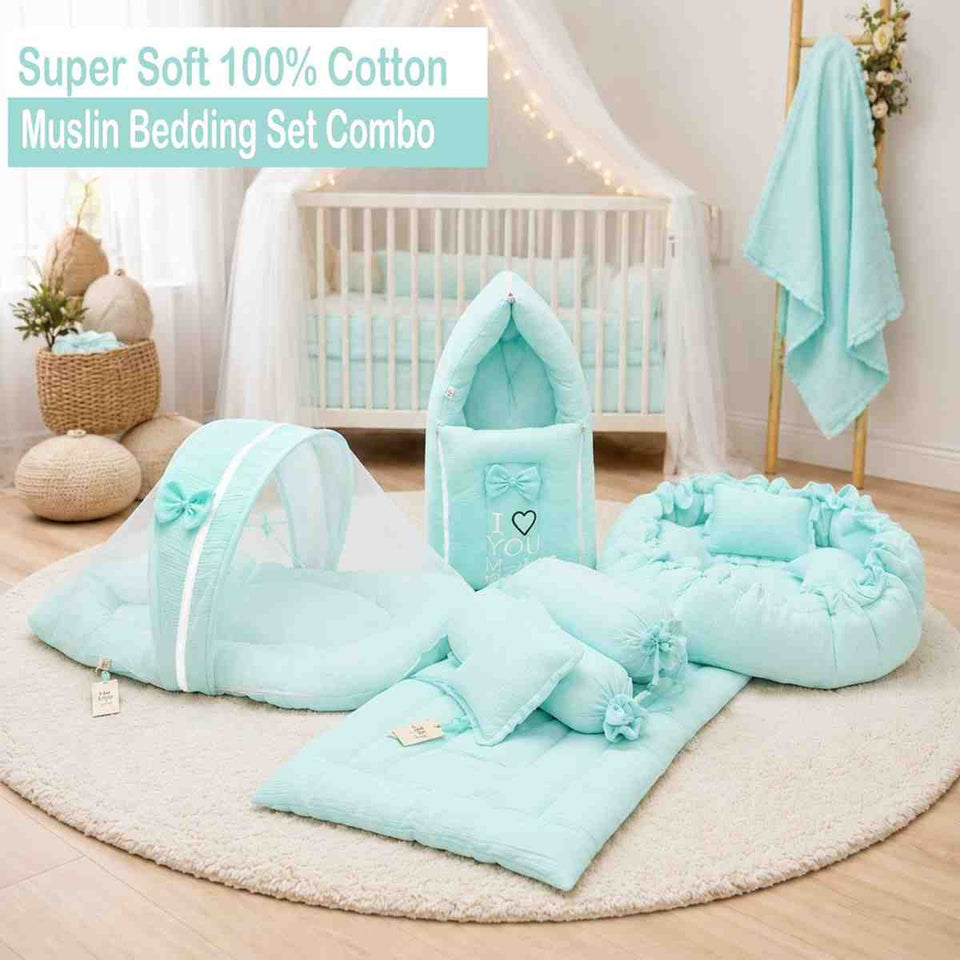 Fareto Newborn Baby 100% Muslin Cotton Bedding Set Combo | Sleeping Bag | Mattress with Net | Nest  | Blanket | Hand Carry Bed & Bolster Set |  (0-6 Months)(F767)