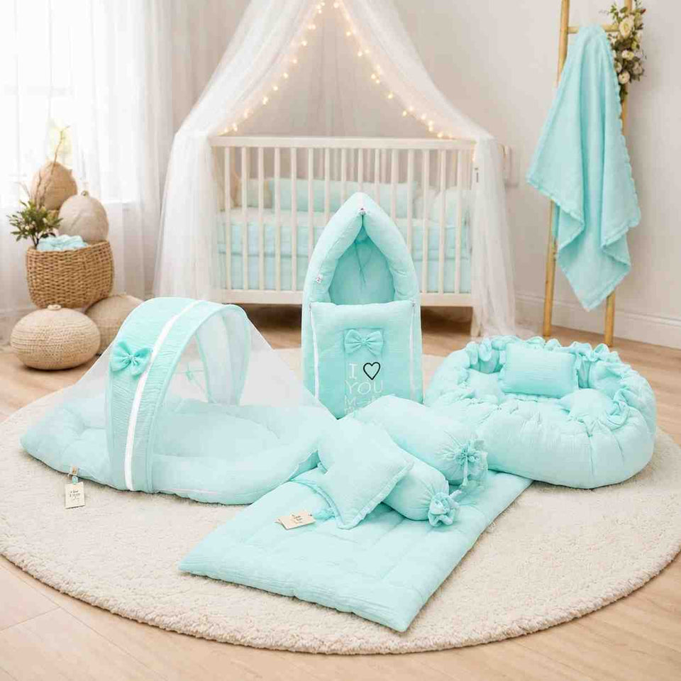 Fareto Newborn Baby 100% Muslin Cotton Bedding Set Combo | Sleeping Bag | Mattress with Net | Nest  | Blanket | Hand Carry Bed & Bolster Set |  (0-6 Months)(F767)