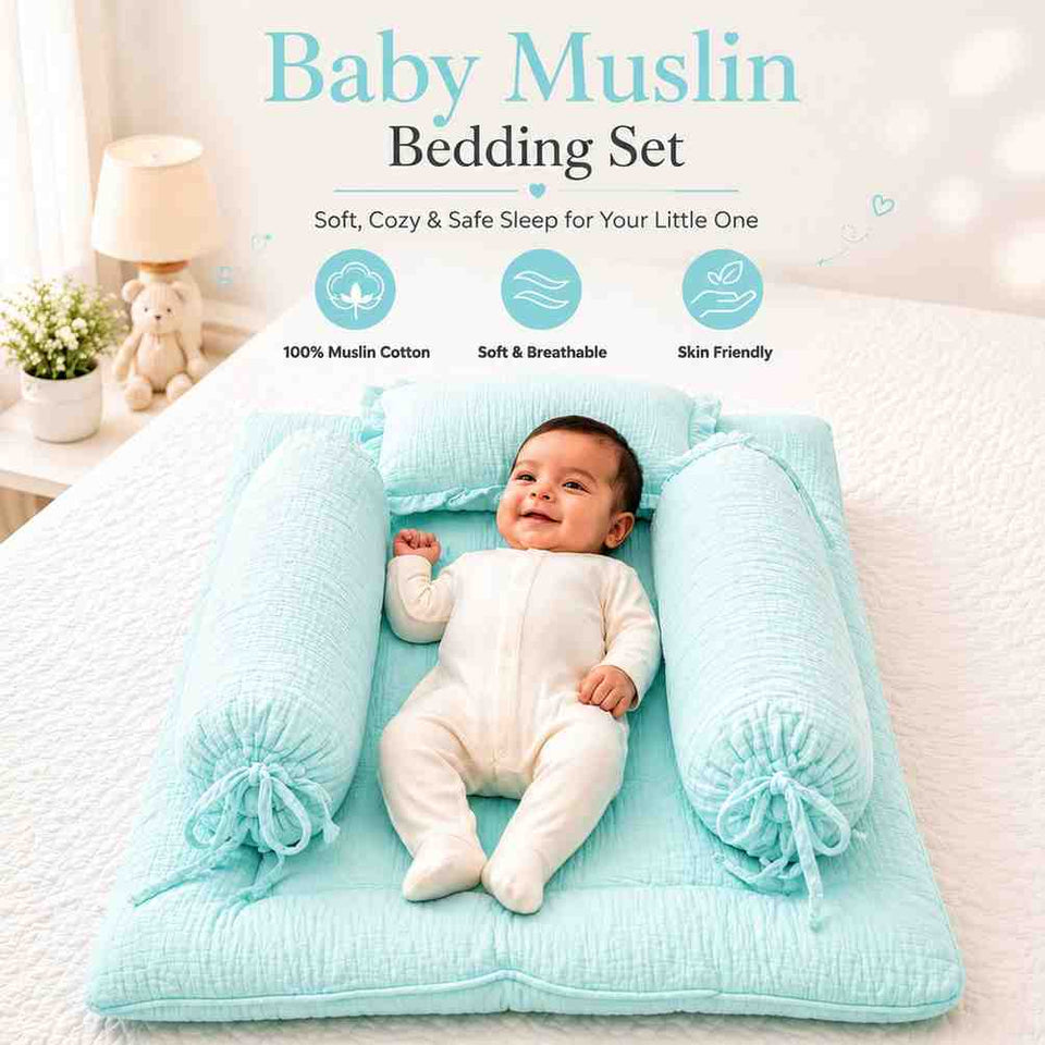 Fareto Newborn Baby 100% Muslin Cotton Bedding Set Combo | Sleeping Bag | Mattress with Net | Nest  | Blanket | Hand Carry Bed & Bolster Set |  (0-6 Months)(F767)
