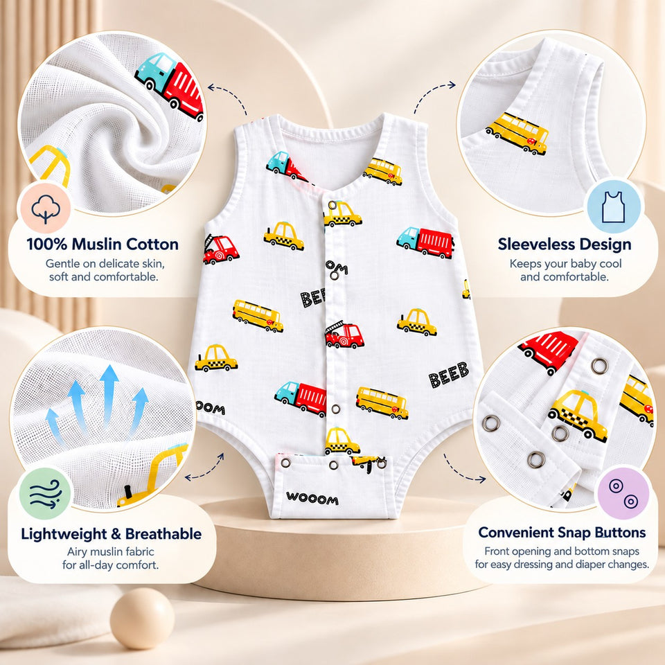 Fareto Newborn Baby Romper | 100% Muslin Cotton | Sleeveless Front Snap Button Bodysuit | Pack Of 1 | 0–3 Months(F827)