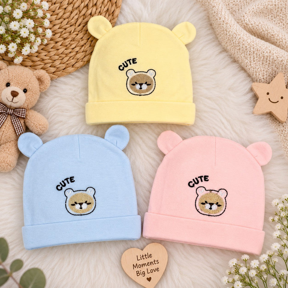 Fareto Baby Cute Bear Ear Baby Cap – Soft Cotton All Season Cap for Newborns & Infants, Pack of 3(F810)