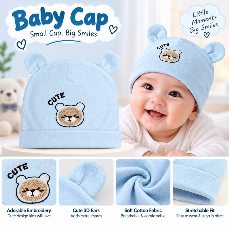 Fareto Baby Cute Bear Ear Baby Cap – Soft Cotton All Season Cap for Newborns & Infants, Pack of 3(F810)