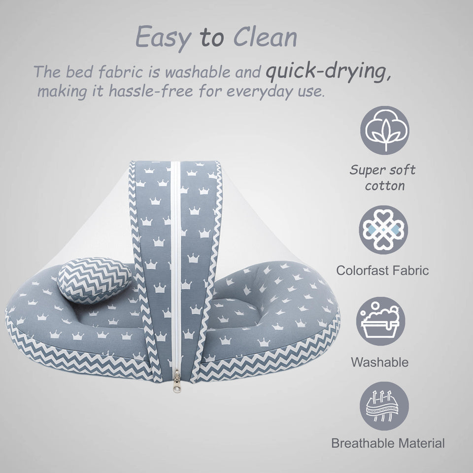Fareto Baby bedding Essentials 1 Nest | 1 Mattress with net | 1 Carry bed | 1 Bolster set | 1 Carry bag | 1 Portable bed | 1 Feeding pillow | 1 Blanket (0-6M)