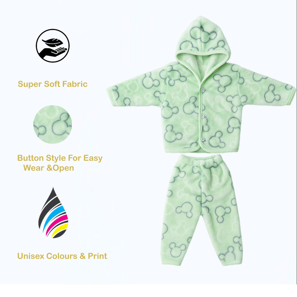 Fareto New Born Baby Winter Wear Hooded Shirt & Pyjama Set – Pack of 2 | 0-3 Months | Soft & Warm | Unisex (Colors May Vary)(F644)