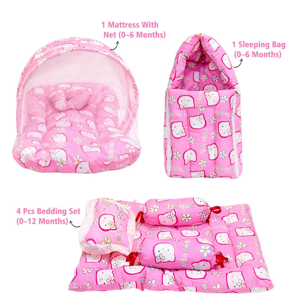 Fareto Combo of Baby Mattress with Net | Sleeping Bag | 4 Pcs Bedding Set(0-6 Months)(F159)