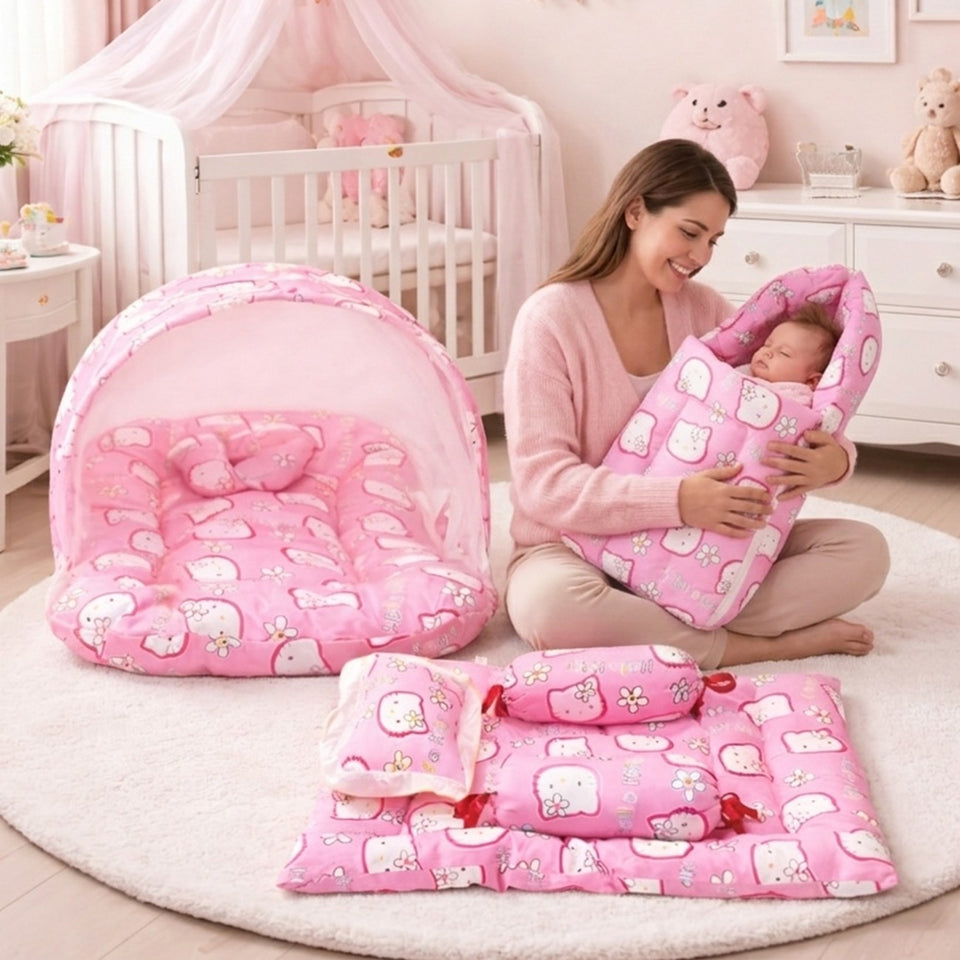 Fareto Combo of Baby Mattress with Net | Sleeping Bag | 4 Pcs Bedding Set(0-6 Months)(F159)