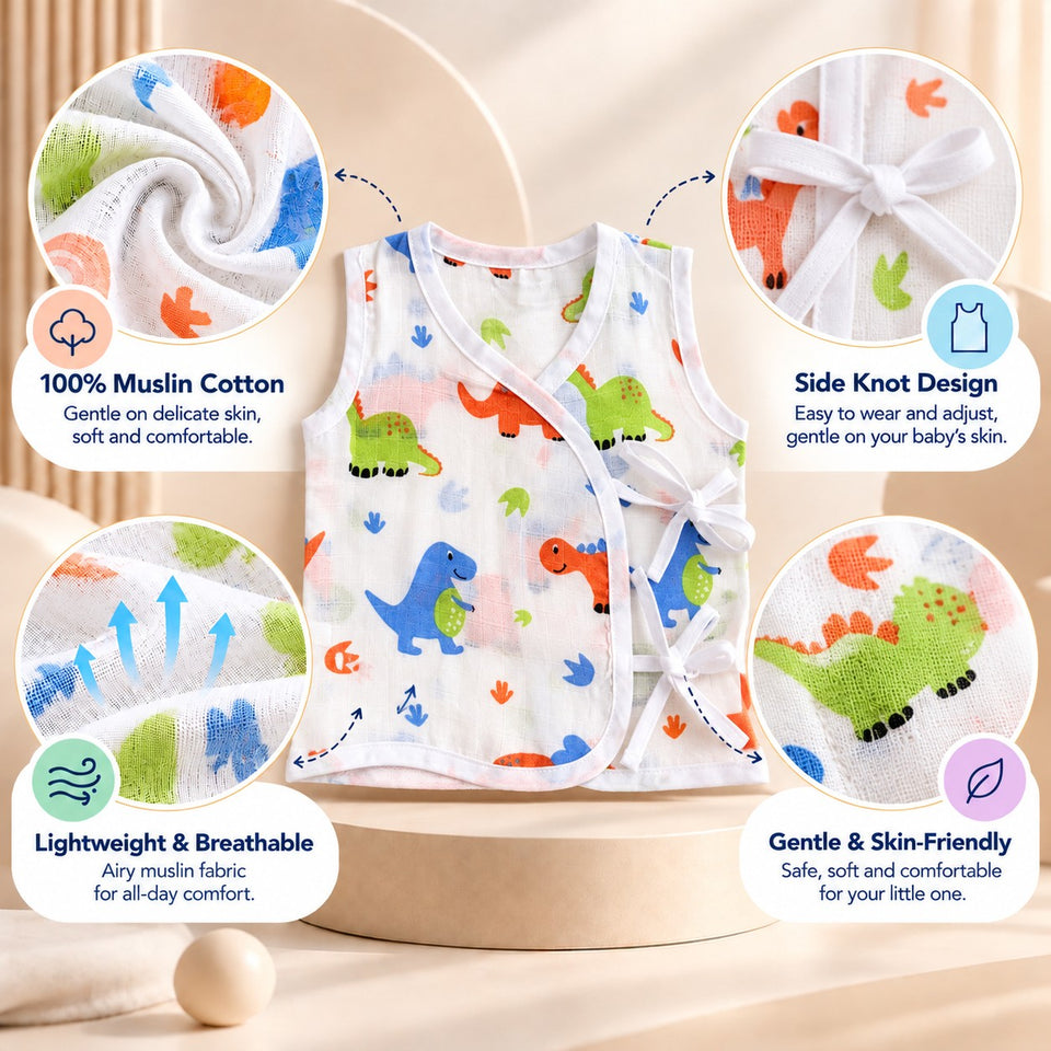 Fareto Newborn Baby Jabla | 100% Muslin Cotton | Sleeveless Front-Open Shirt | Pack of 2 | 0–3 Months(F829)