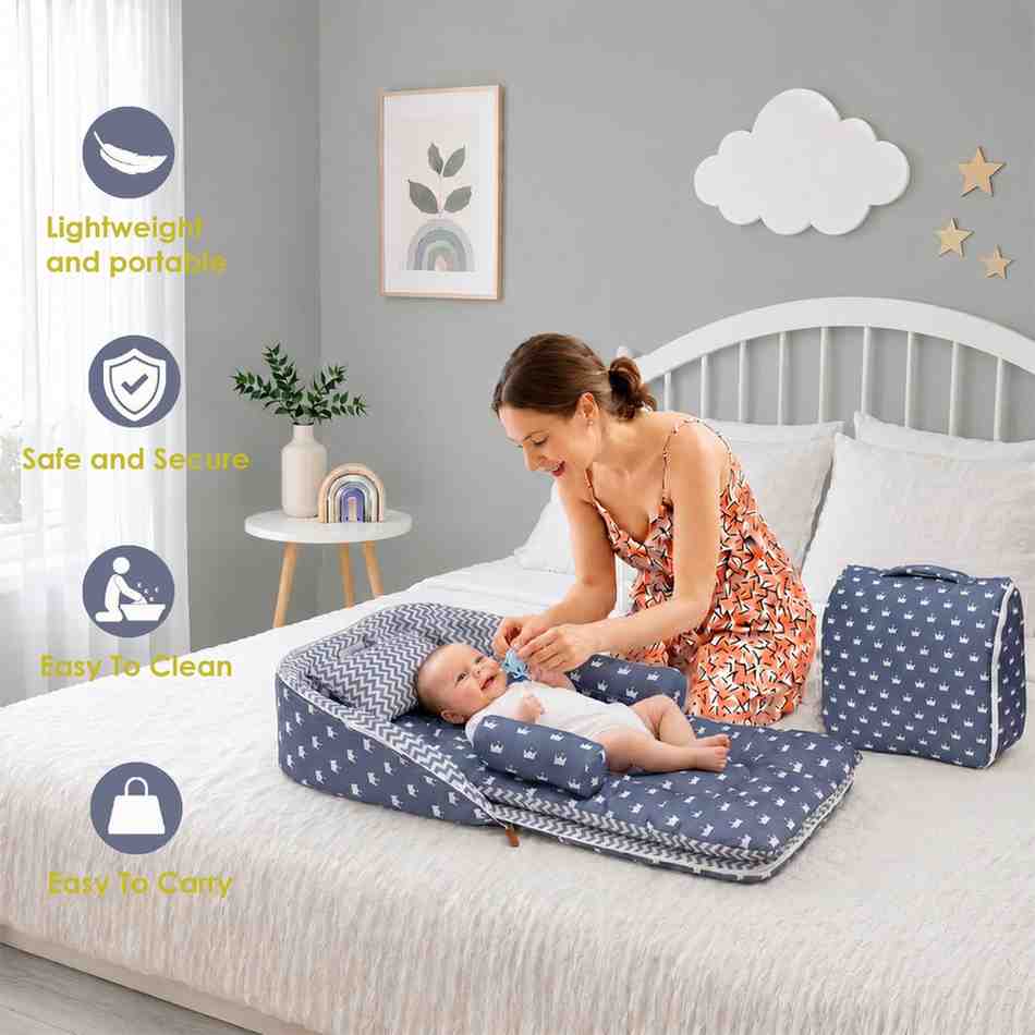Fareto Baby Travel Friendly for Kids Portable Baby Comfortable Cushioning(0+6 Months)(Grey Crown)(F256)