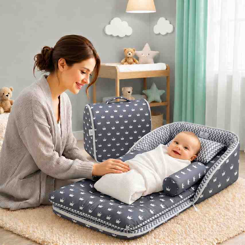 Fareto Baby Travel Friendly for Kids Portable Baby Comfortable Cushioning(0+6 Months)(Grey Crown)(F256)